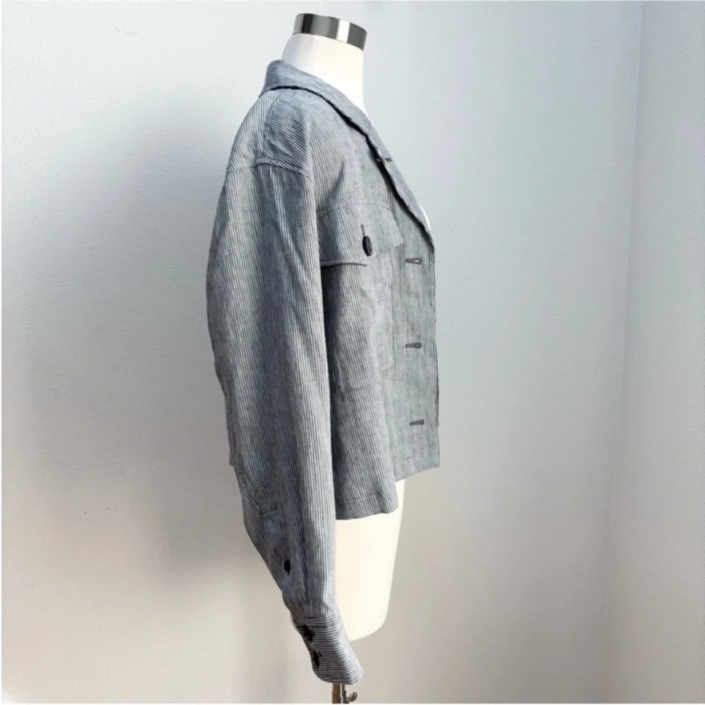 Rag and Bone Designer Jacket Cropped Striped Jessie Coat Linen Gray Size Medium - Picture 9 of 14